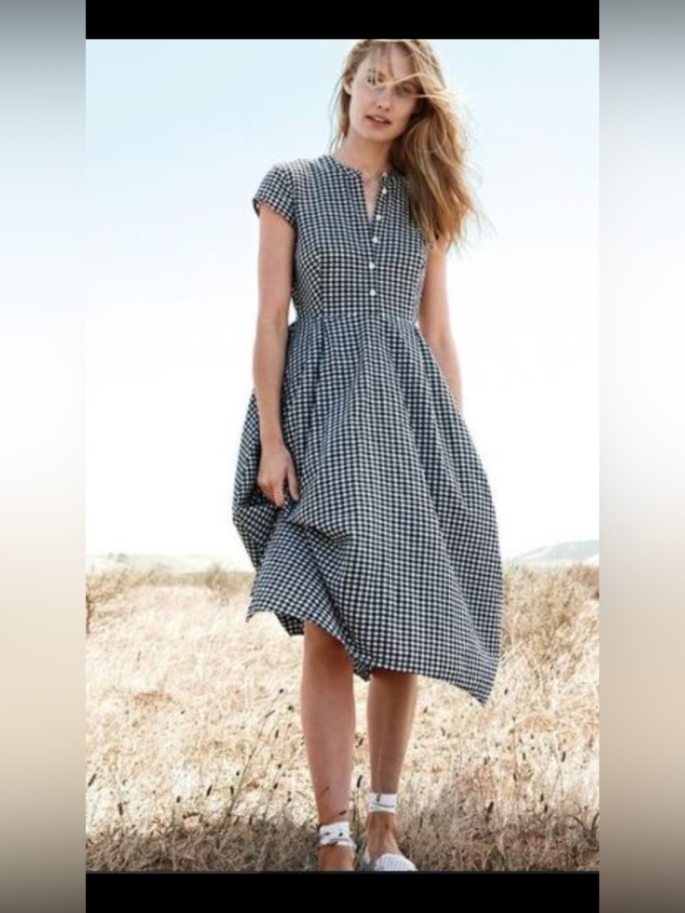 J Crew Gingham Midi Button-Front Dress - Black & White